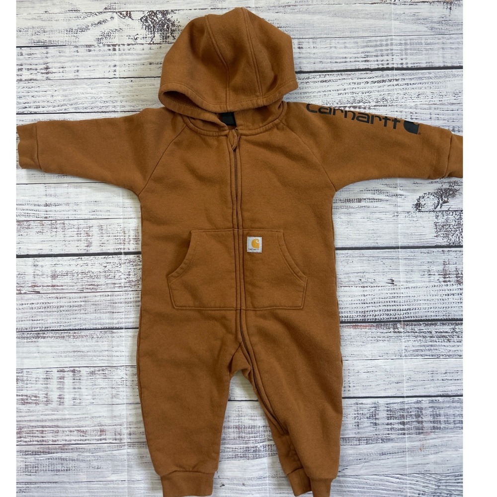 Carhartt Hooded Coverall Kids 6M Brown Fleece Full Zip Sleeve Logo Pocket